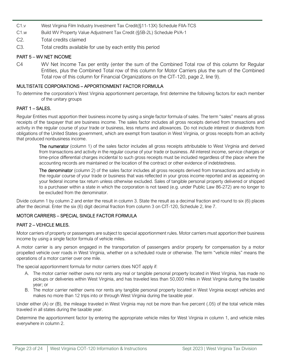 Instructions for Form CIT-120 West Virginia Corporation Net Income Tax Return - West Virginia, Page 23