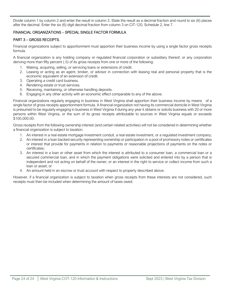 Instructions for Form CIT-120 West Virginia Corporation Net Income Tax Return - West Virginia, Page 24