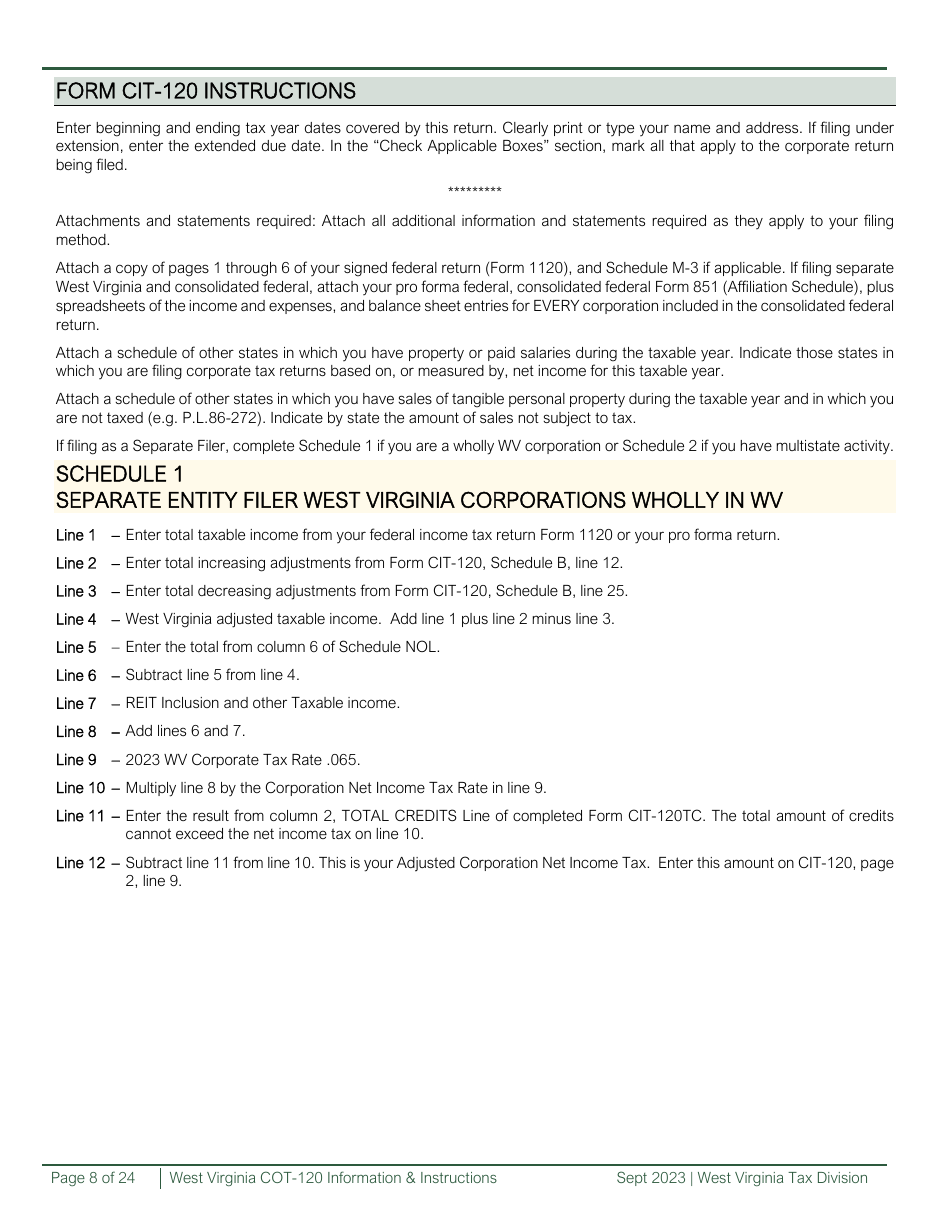 Instructions for Form CIT-120 West Virginia Corporation Net Income Tax Return - West Virginia, Page 8