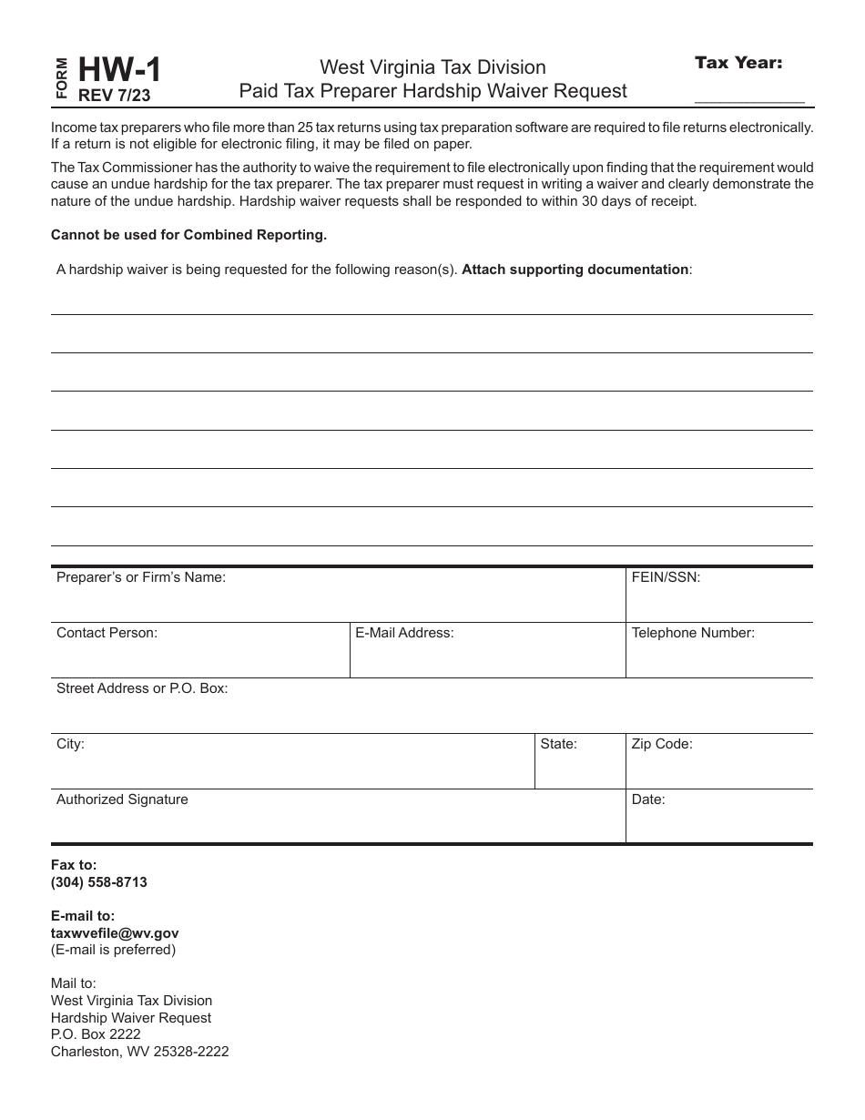 Form HW-1 Paid Tax Preparer Hardship Waiver Request - West Virginia, Page 1