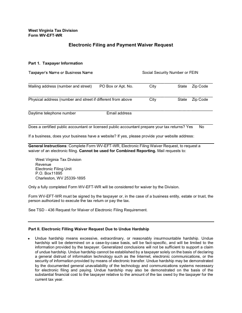 Form WV-EFT-WR Electronic Filing and Payment Waiver Request - West Virginia