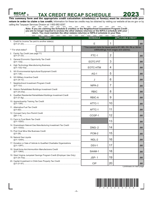 Form IT-140 Schedule RECAP Tax Credit Recap Schedule - West Virginia, 2023