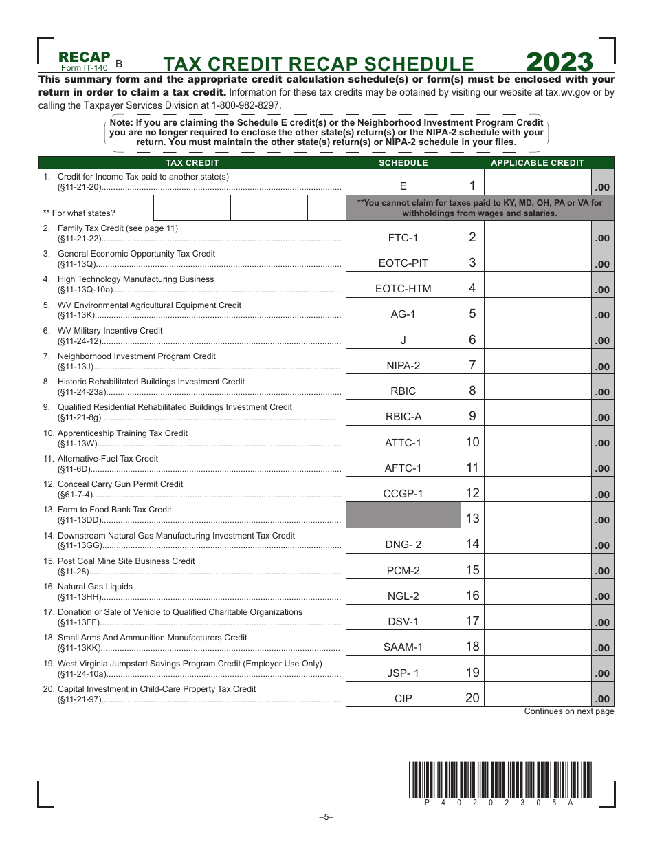 Form IT-140 Schedule RECAP Tax Credit Recap Schedule - West Virginia, Page 1