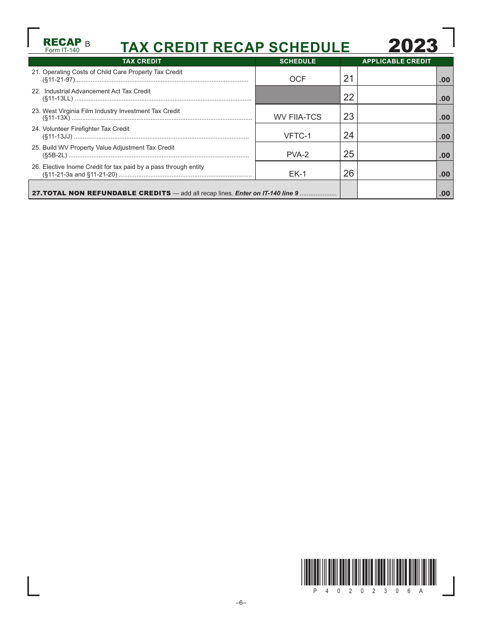 Form IT-140 Schedule RECAP Tax Credit Recap Schedule - West Virginia, Page 2