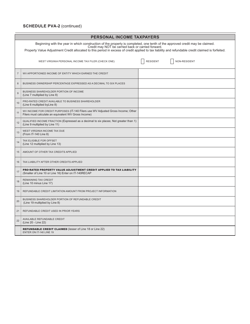Schedule PVA-2 Build West Virginia Property Value Adjustment Tax Credit for Individuals - West Virginia, Page 2