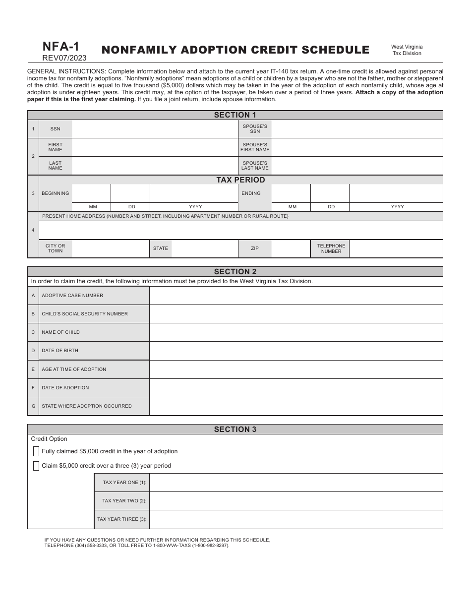 Schedule NFA-1 Non-family Adoption Credit Schedule - West Virginia, Page 1