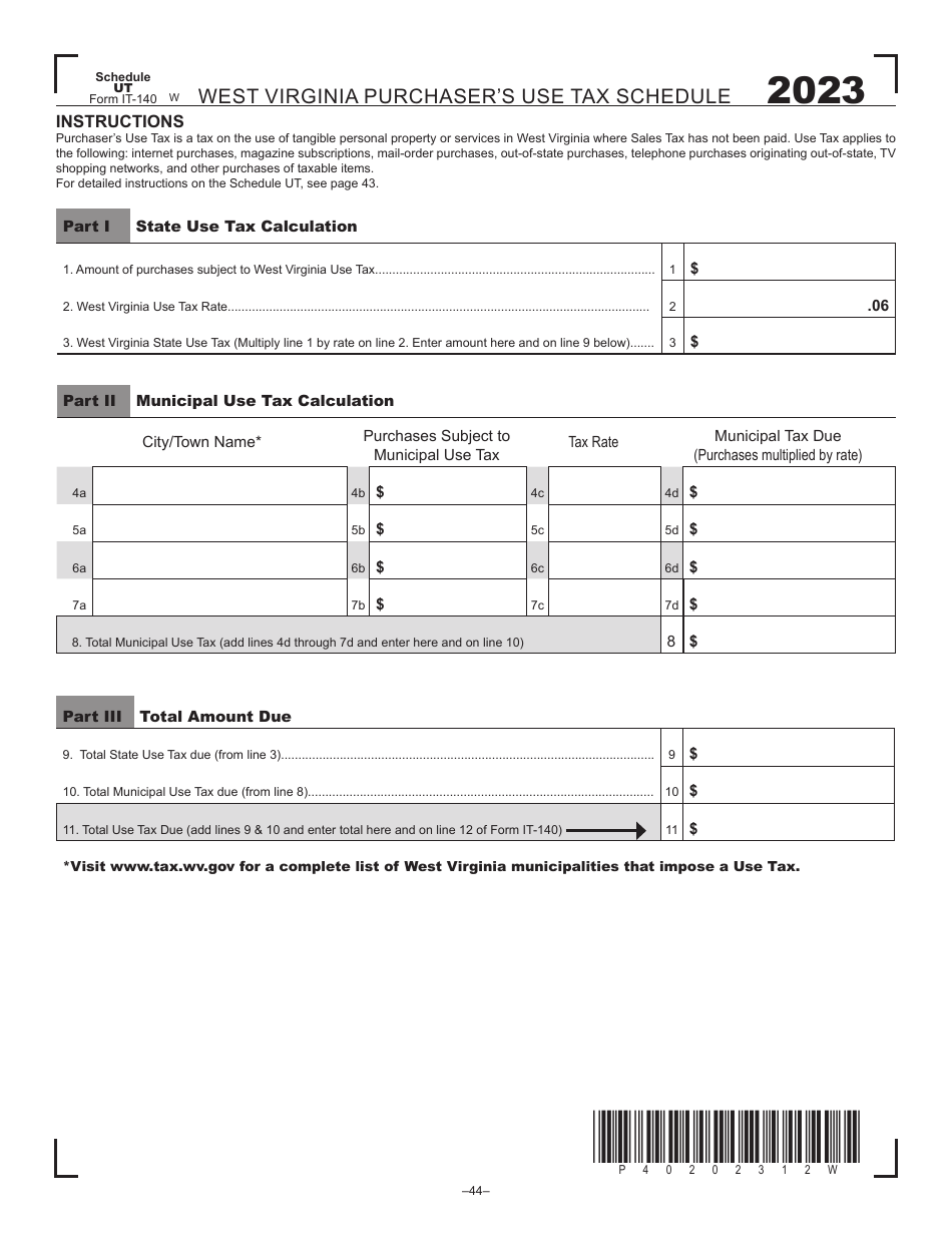 Form IT-140 Schedule UT West Virginia Purchasers Use Tax Schedule - West Virginia, Page 2