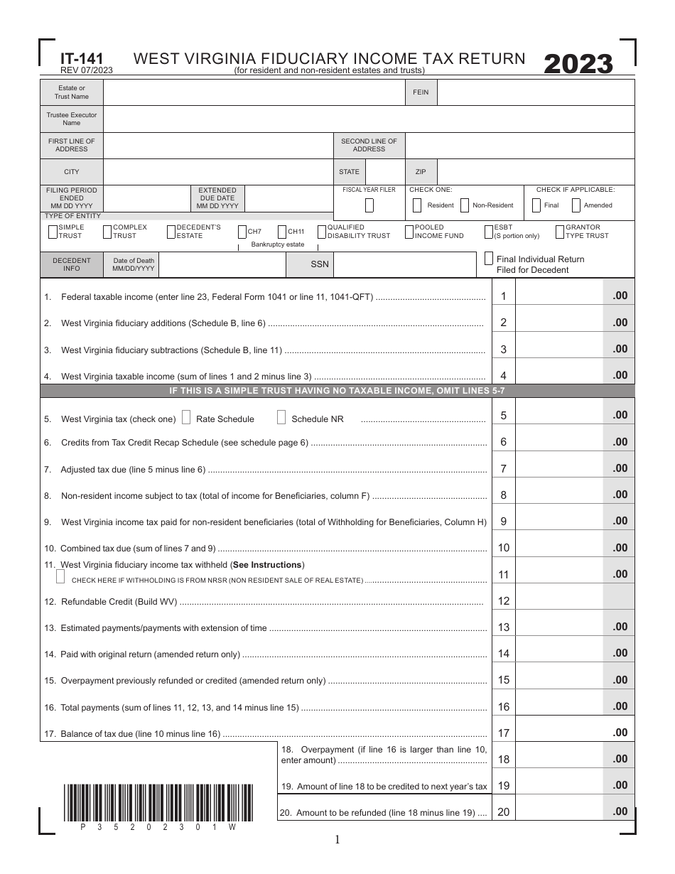 Form IT-141 West Virginia Fiduciary Income Tax Return - West Virginia, Page 1
