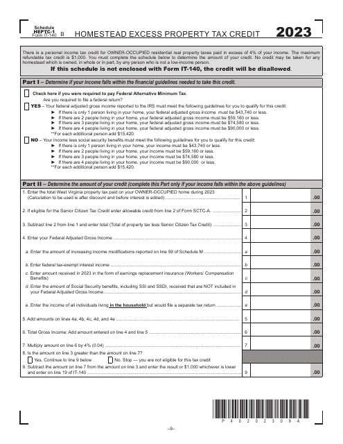 Form IT-140 Schedule HEPTC-1 Homestead Excess Property Tax Credit - West Virginia, 2023