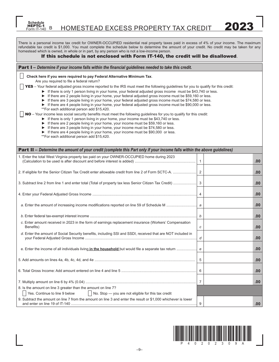 Form IT-140 Schedule HEPTC-1 Homestead Excess Property Tax Credit - West Virginia, Page 1