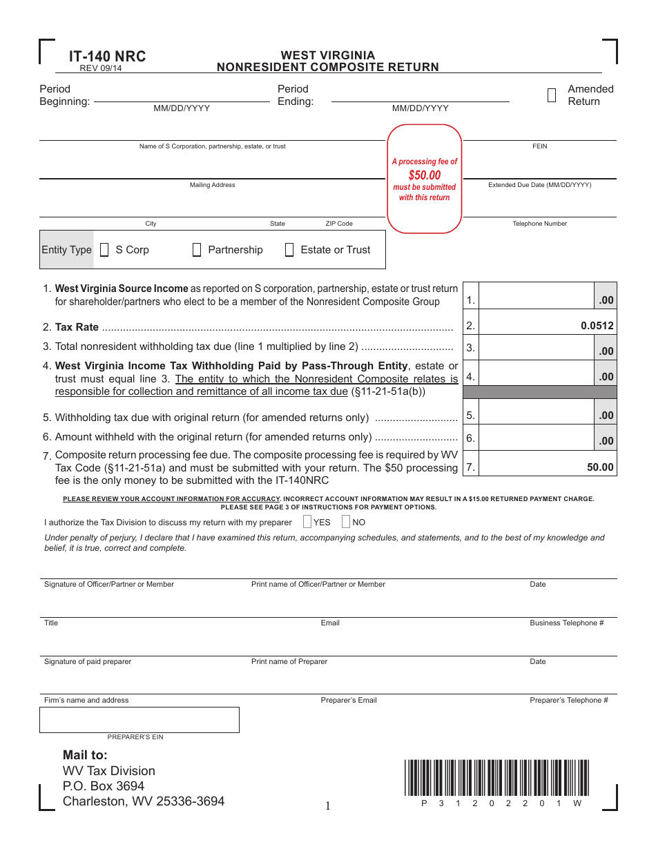 Form IT-140 NRC West Virginia Nonresident Composite Return - West Virginia, Page 1