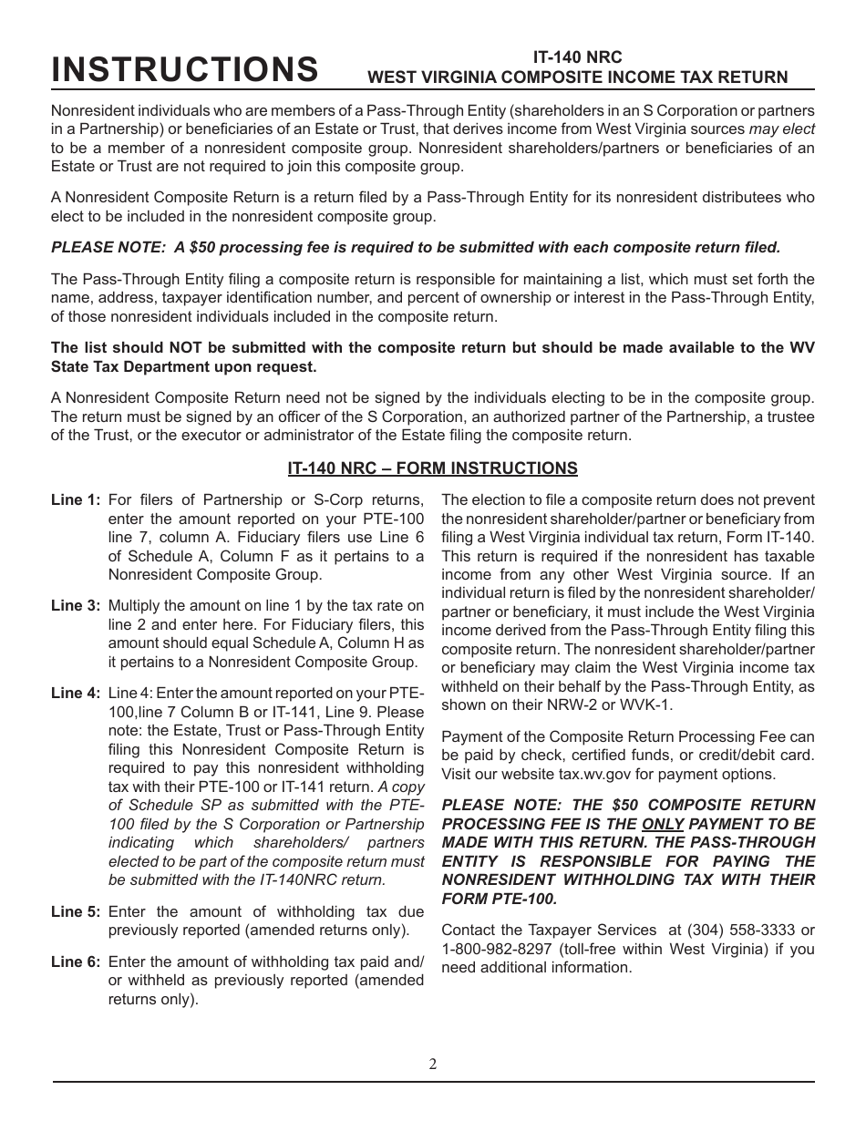 Form IT-140 NRC West Virginia Nonresident Composite Return - West Virginia, Page 2
