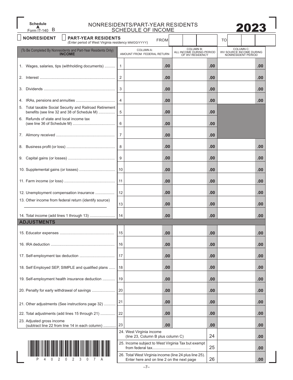 Form IT-140 Schedule A Nonresidents / Part-Year Residents Schedule of Income - West Virginia, Page 1