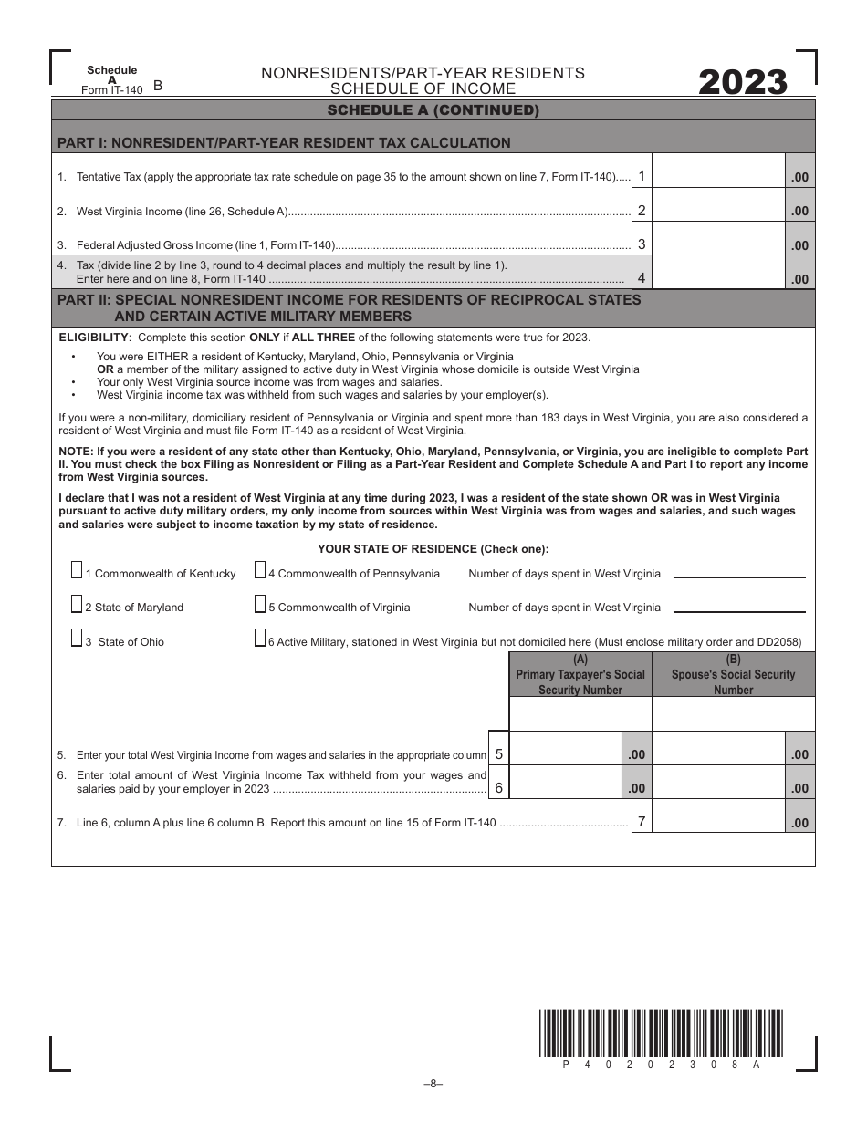 Form IT-140 Schedule A Nonresidents / Part-Year Residents Schedule of Income - West Virginia, Page 2