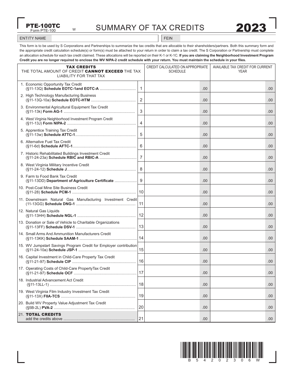 Form PTE-100TC Summary of Tax Credits - West Virginia, Page 1