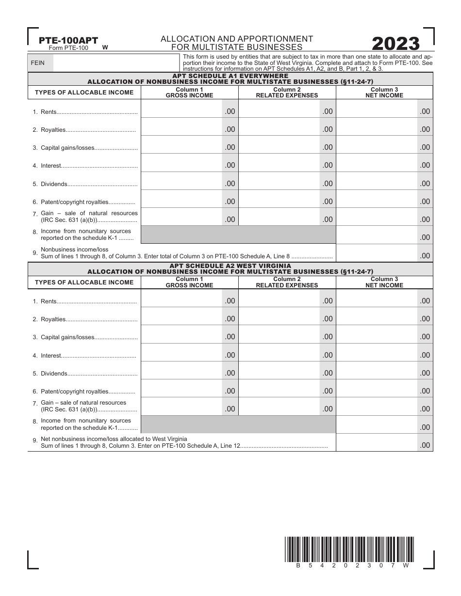 Form PTE-100APT Allocation and Apportionment for Multistate Businesses - West Virginia, Page 1