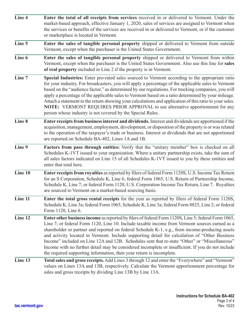 Instructions for Schedule BA-402 Vermont Apportionment  Allocation - Vermont, Page 3
