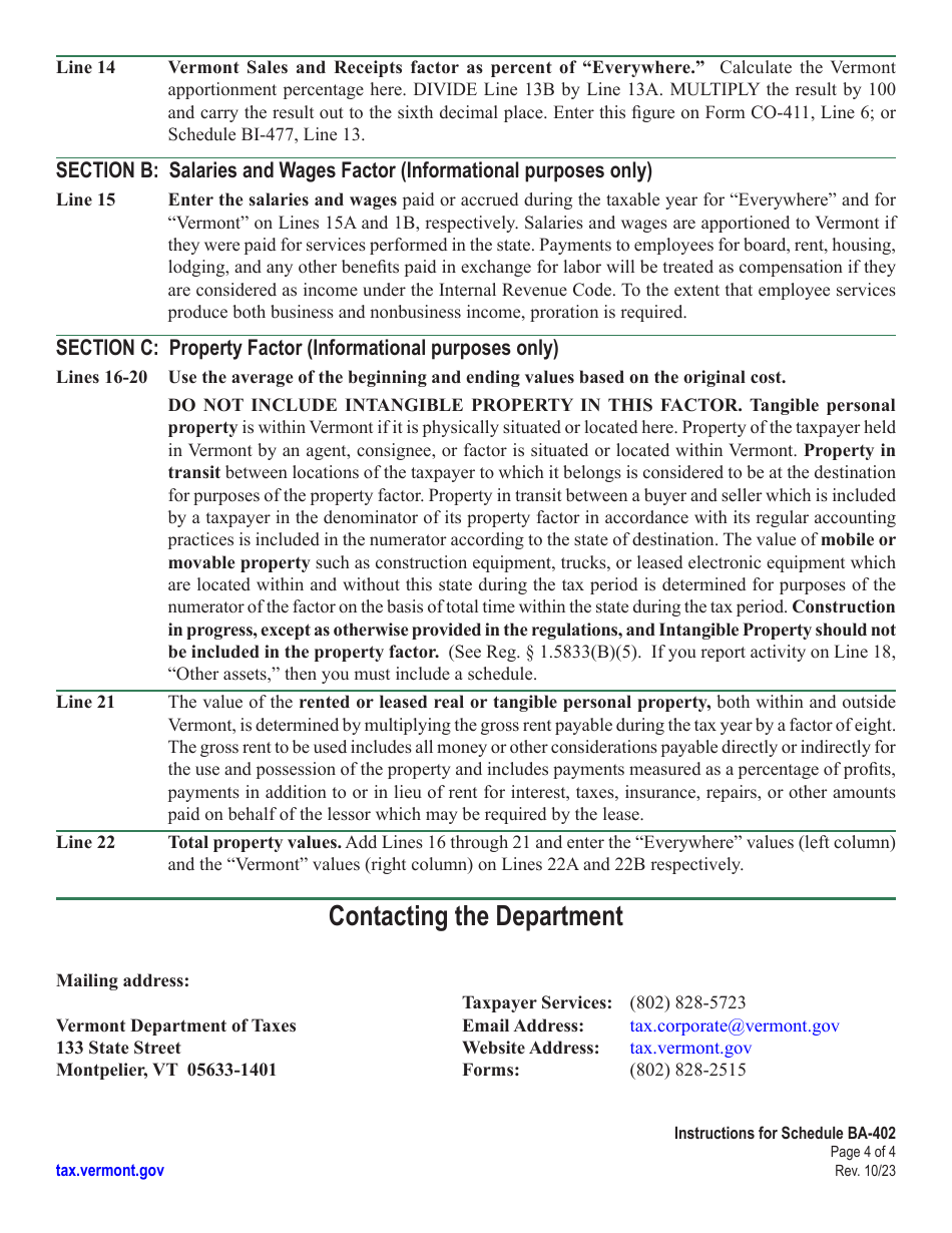 Instructions for Schedule BA-402 Vermont Apportionment  Allocation - Vermont, Page 4