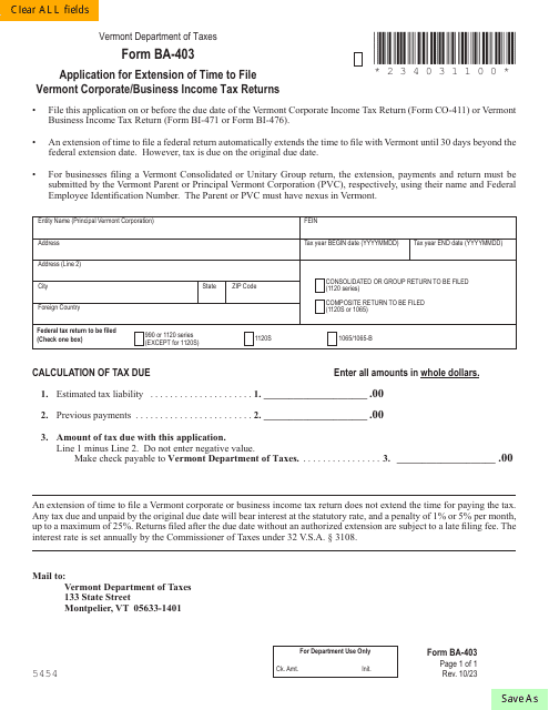 Form BA-403 Application for Extension of Time to File Vermont Corporate/Business Income Tax Returns - Vermont