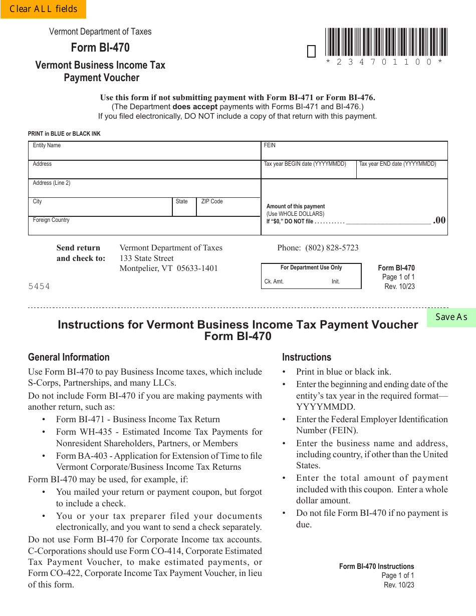 Form BI-470 Vermont Business Income Tax Payment Voucher - Vermont, Page 1