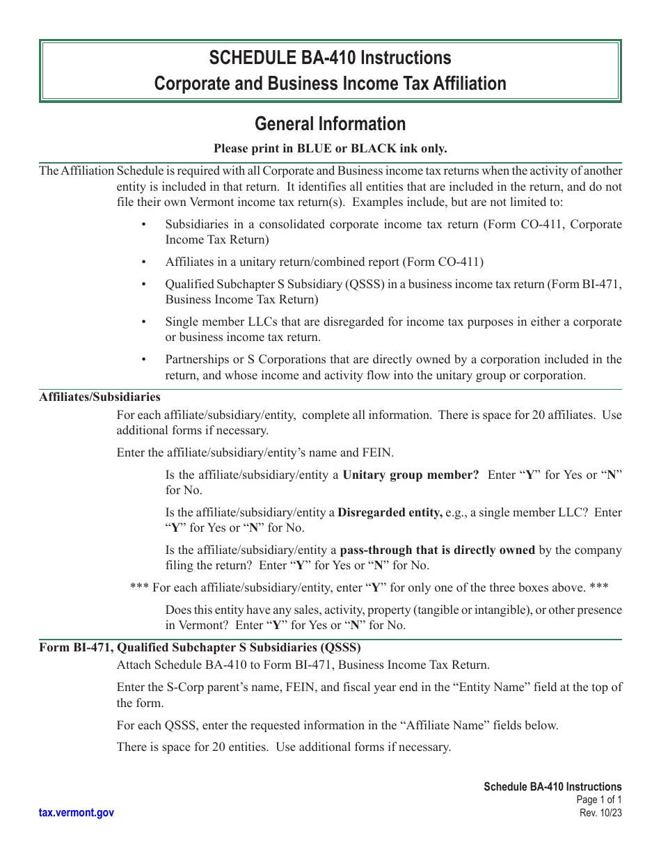 Instructions for Schedule BA-410 Vermont Corporate and Business Income Tax Affiliation - Vermont, Page 1