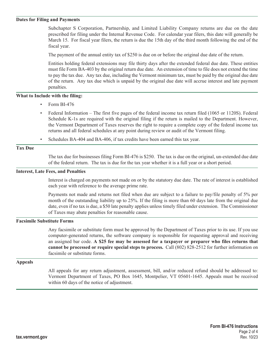 Instructions for Form BI-476 Vermont Business Income Tax Return for Resident Only - Vermont, Page 2