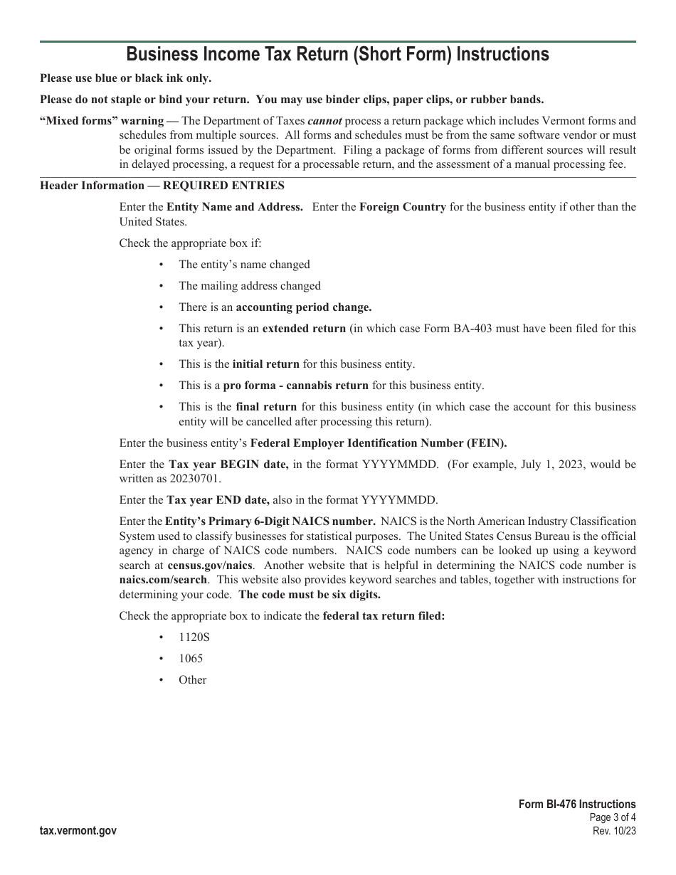 Instructions for Form BI-476 Vermont Business Income Tax Return for Resident Only - Vermont, Page 3