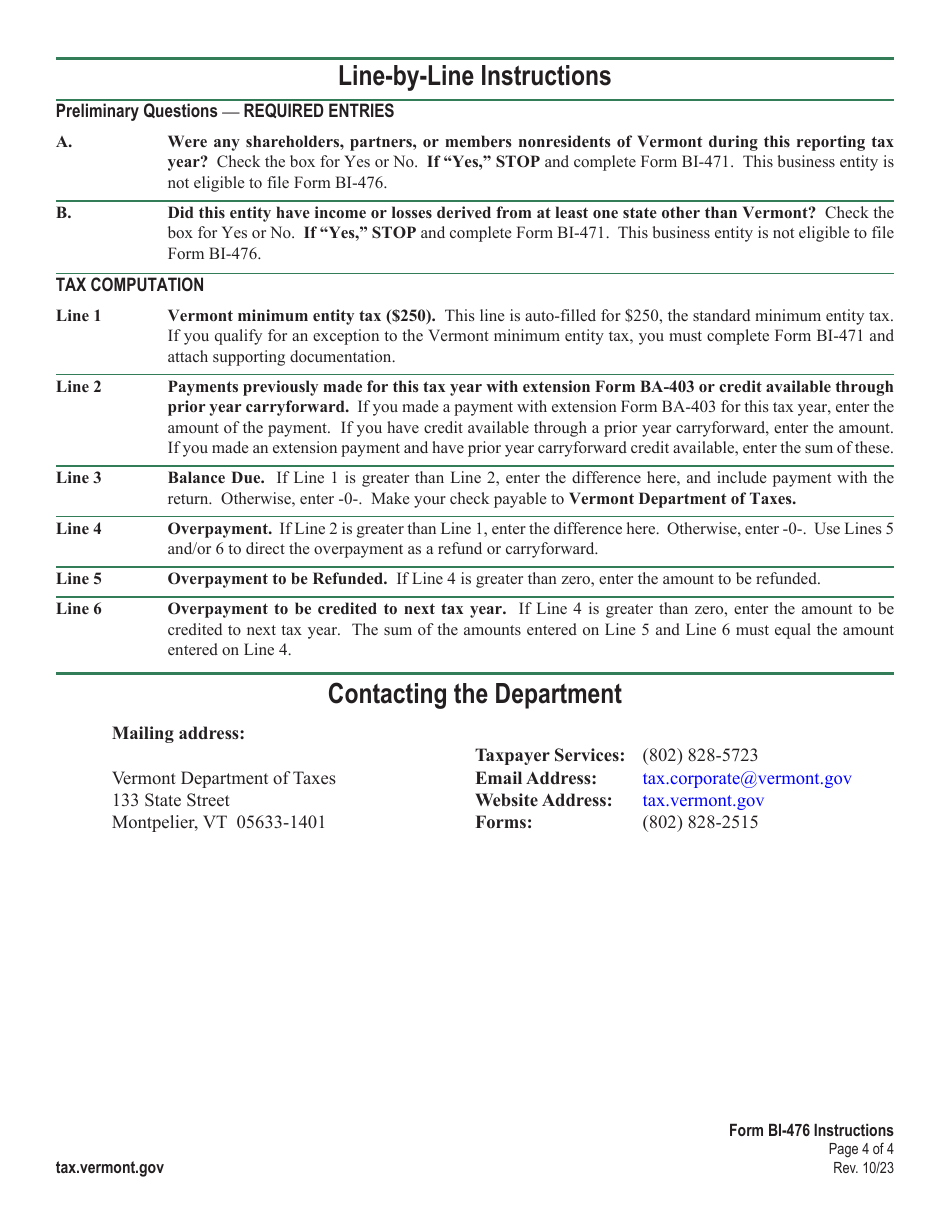 Instructions for Form BI-476 Vermont Business Income Tax Return for Resident Only - Vermont, Page 4