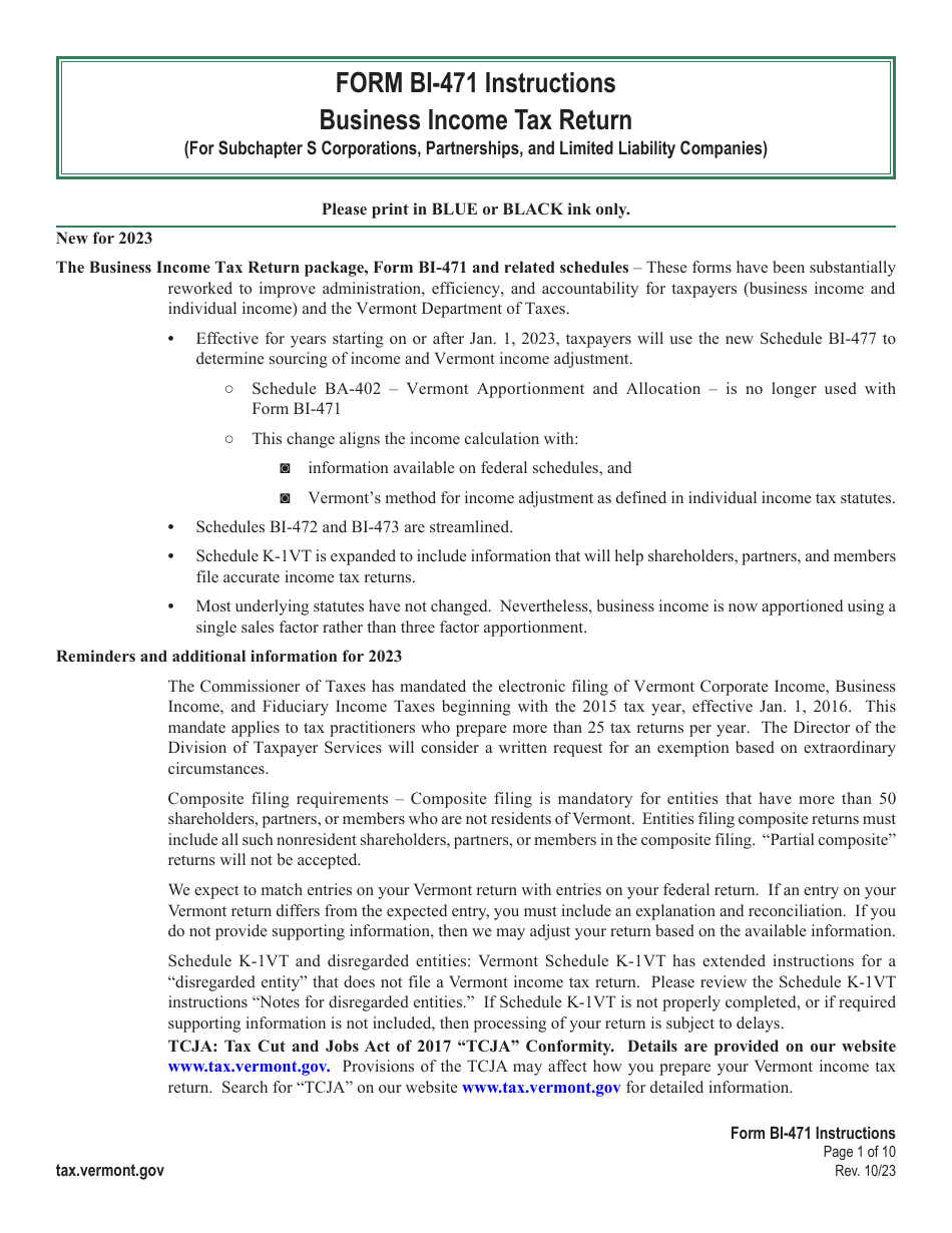 Instructions for Form BI-471 Vermont Business Income Tax Return for Partnerships, Subchapter S Corporations, and Llcs - Vermont, Page 1