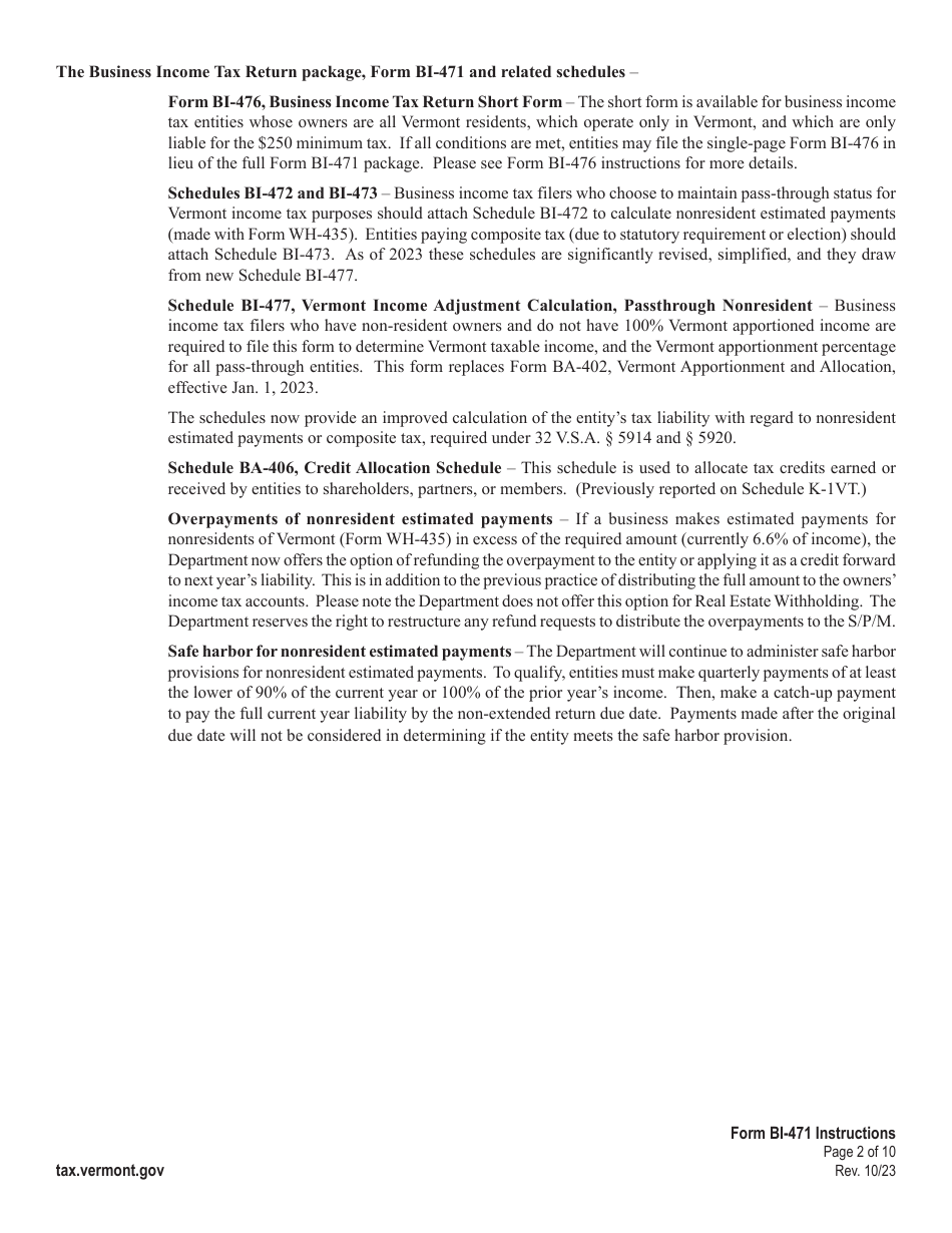 Instructions for Form BI-471 Vermont Business Income Tax Return for Partnerships, Subchapter S Corporations, and Llcs - Vermont, Page 2