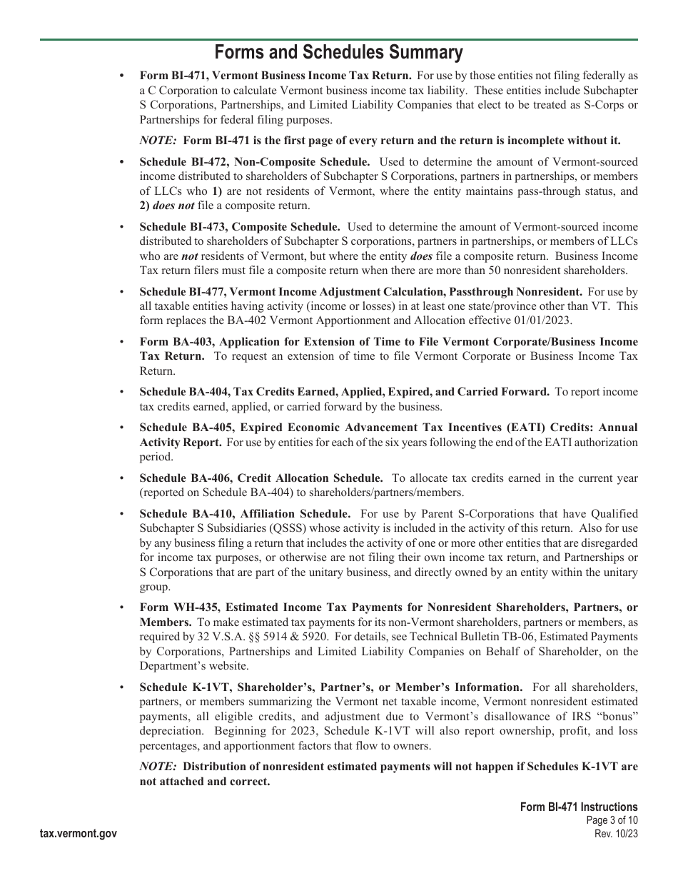 Instructions for Form BI-471 Vermont Business Income Tax Return for Partnerships, Subchapter S Corporations, and Llcs - Vermont, Page 3
