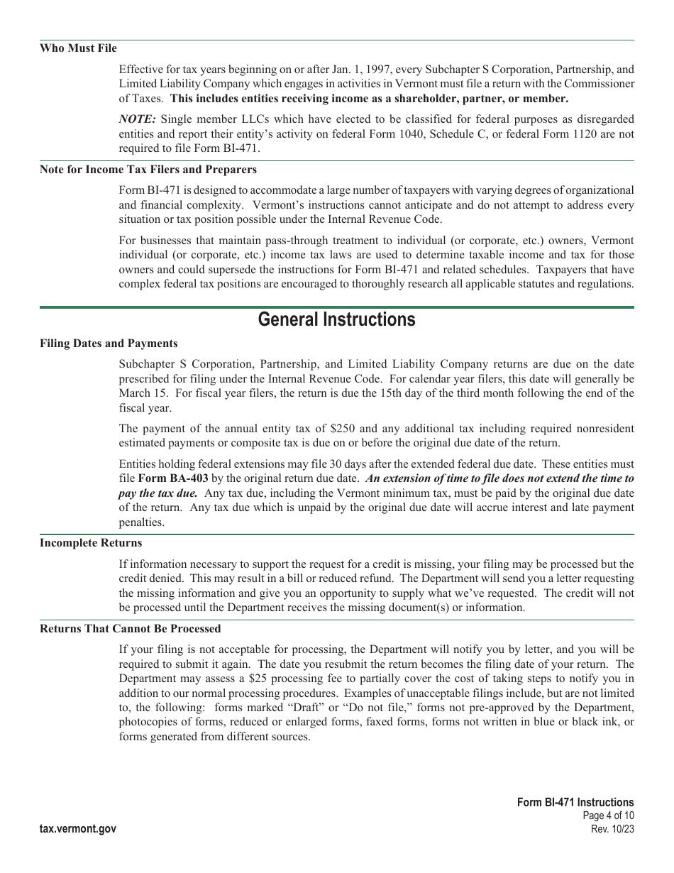 Instructions for Form BI-471 Vermont Business Income Tax Return for Partnerships, Subchapter S Corporations, and Llcs - Vermont, Page 4