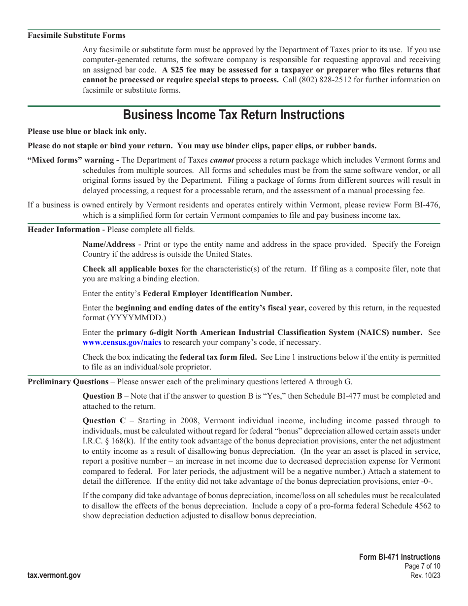 Instructions for Form BI-471 Vermont Business Income Tax Return for Partnerships, Subchapter S Corporations, and Llcs - Vermont, Page 7