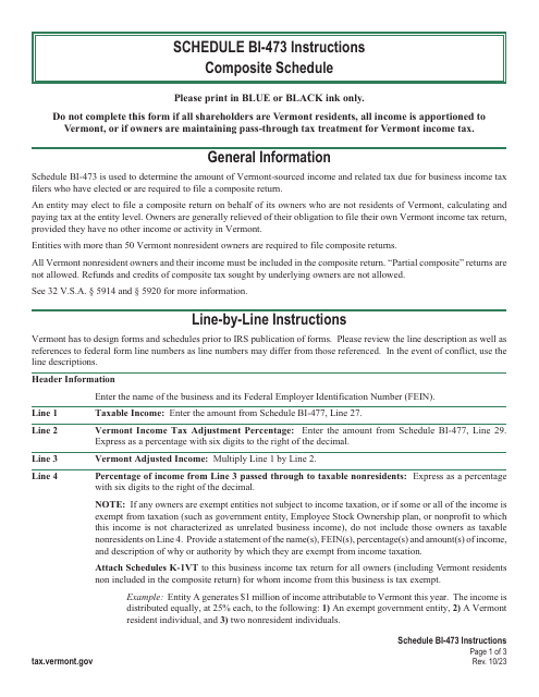 Instructions for Schedule BI-473 Vermont Composite - Vermont