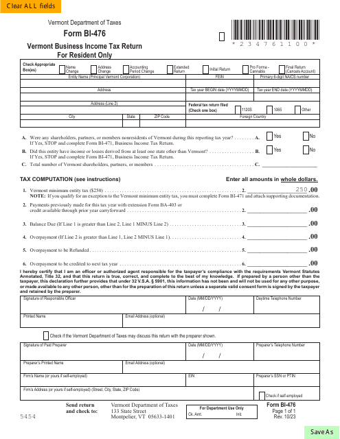Form BI-476 Vermont Business Income Tax Return for Resident Only - Vermont