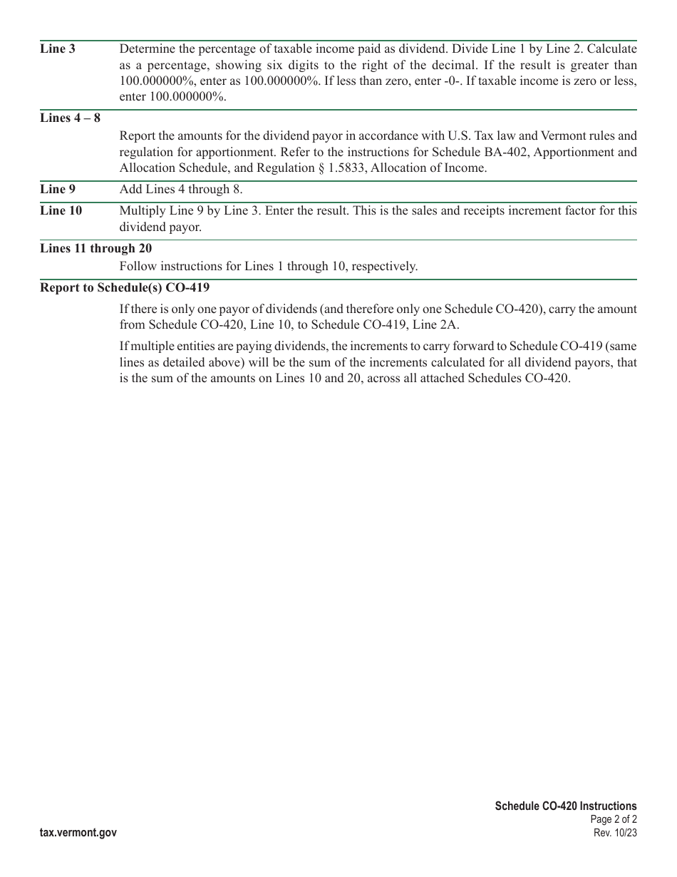 Instructions for Schedule CO-420 Vermont Foreign Dividend Factor Increments (For Unitary Filers Only) - Vermont, Page 2