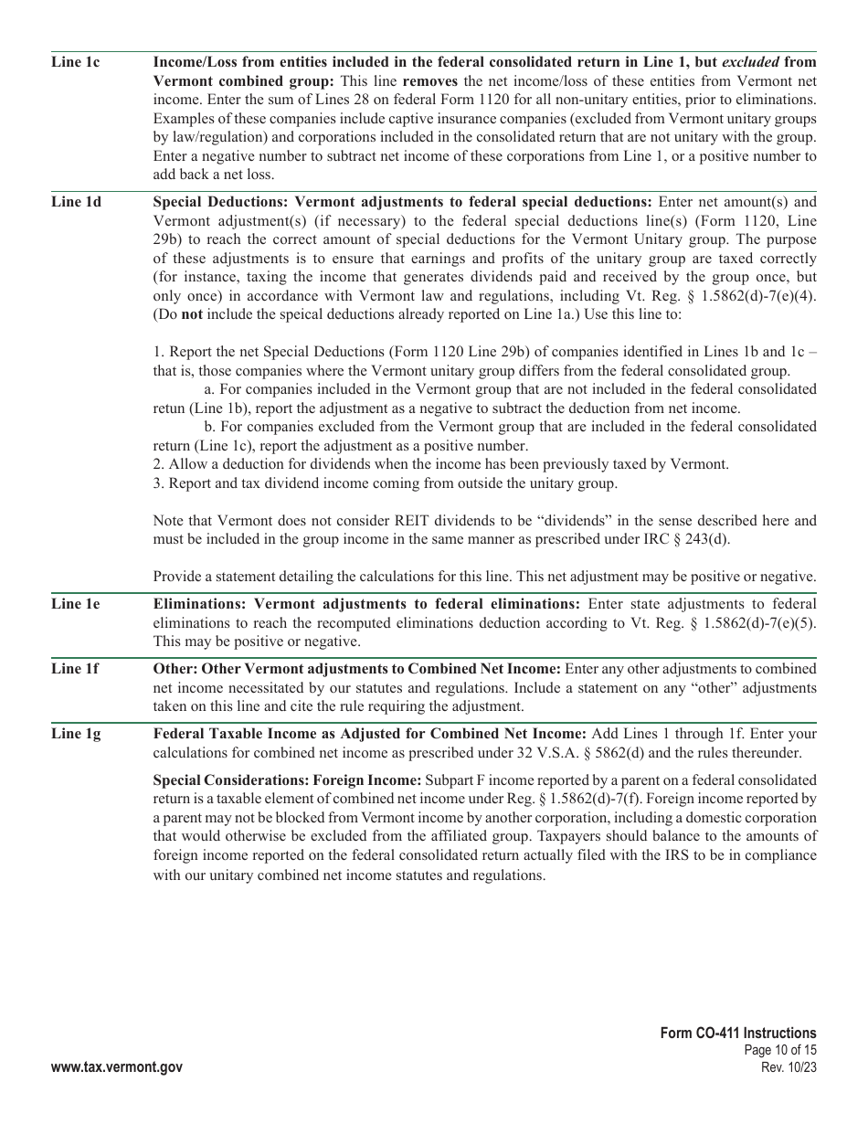 Instructions for Form CO-411 Vermont Corporate Income Tax Return - Vermont, Page 10