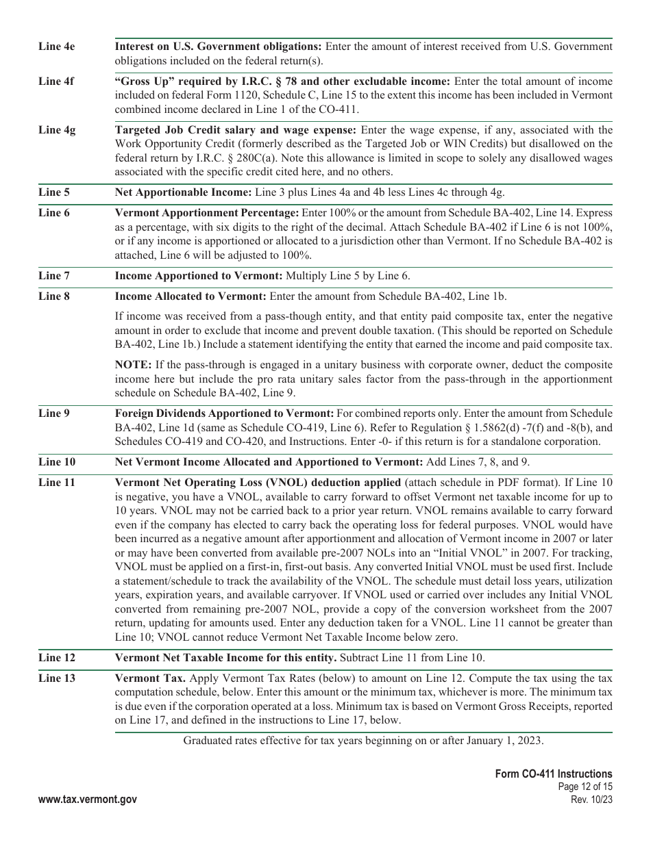 Instructions for Form CO-411 Vermont Corporate Income Tax Return - Vermont, Page 12