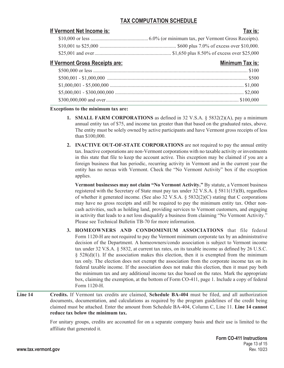 Download Instructions for Form CO-411 Vermont Corporate Income Tax ...