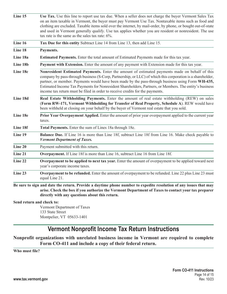 Instructions for Form CO-411 Vermont Corporate Income Tax Return - Vermont, Page 14