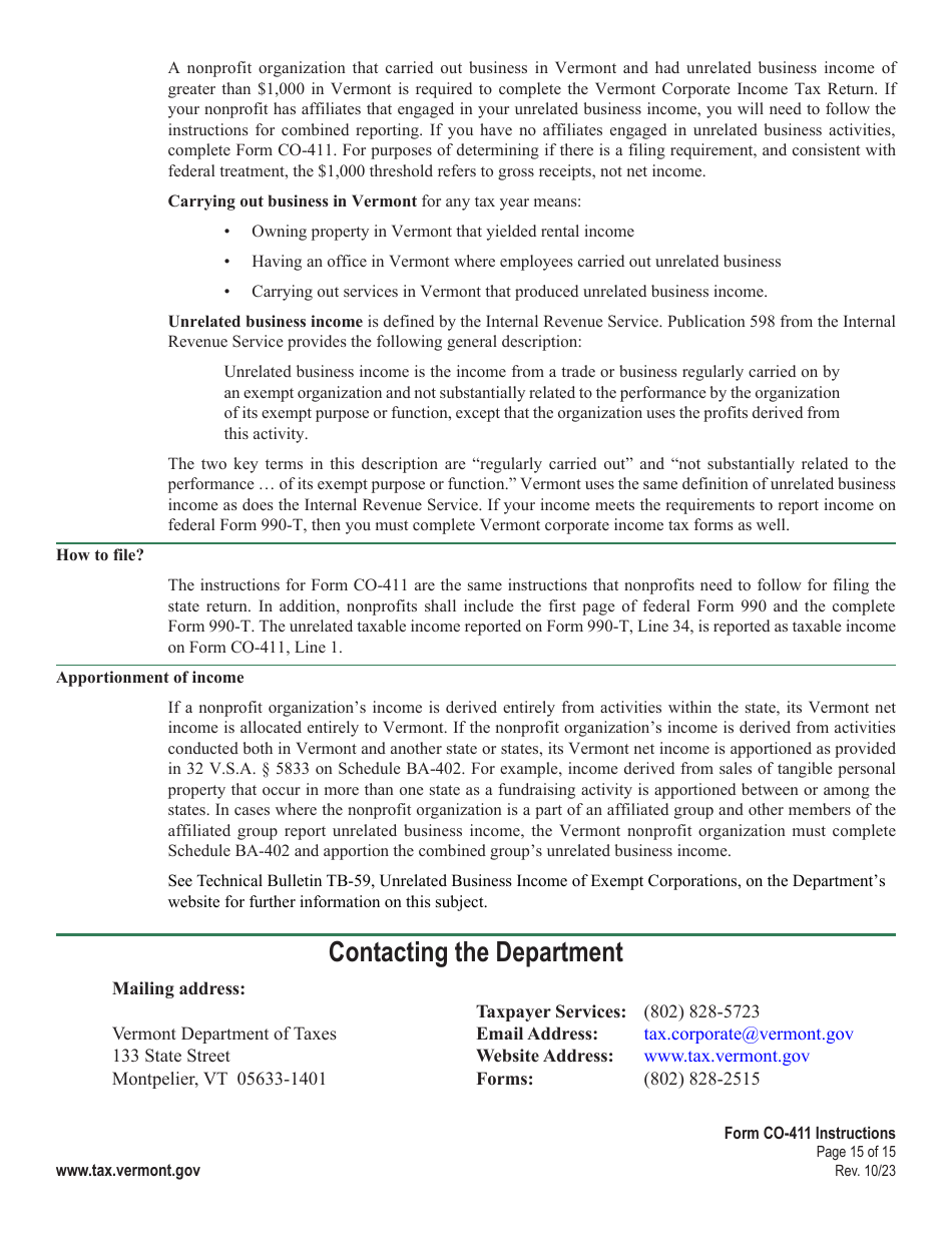 Instructions for Form CO-411 Vermont Corporate Income Tax Return - Vermont, Page 15