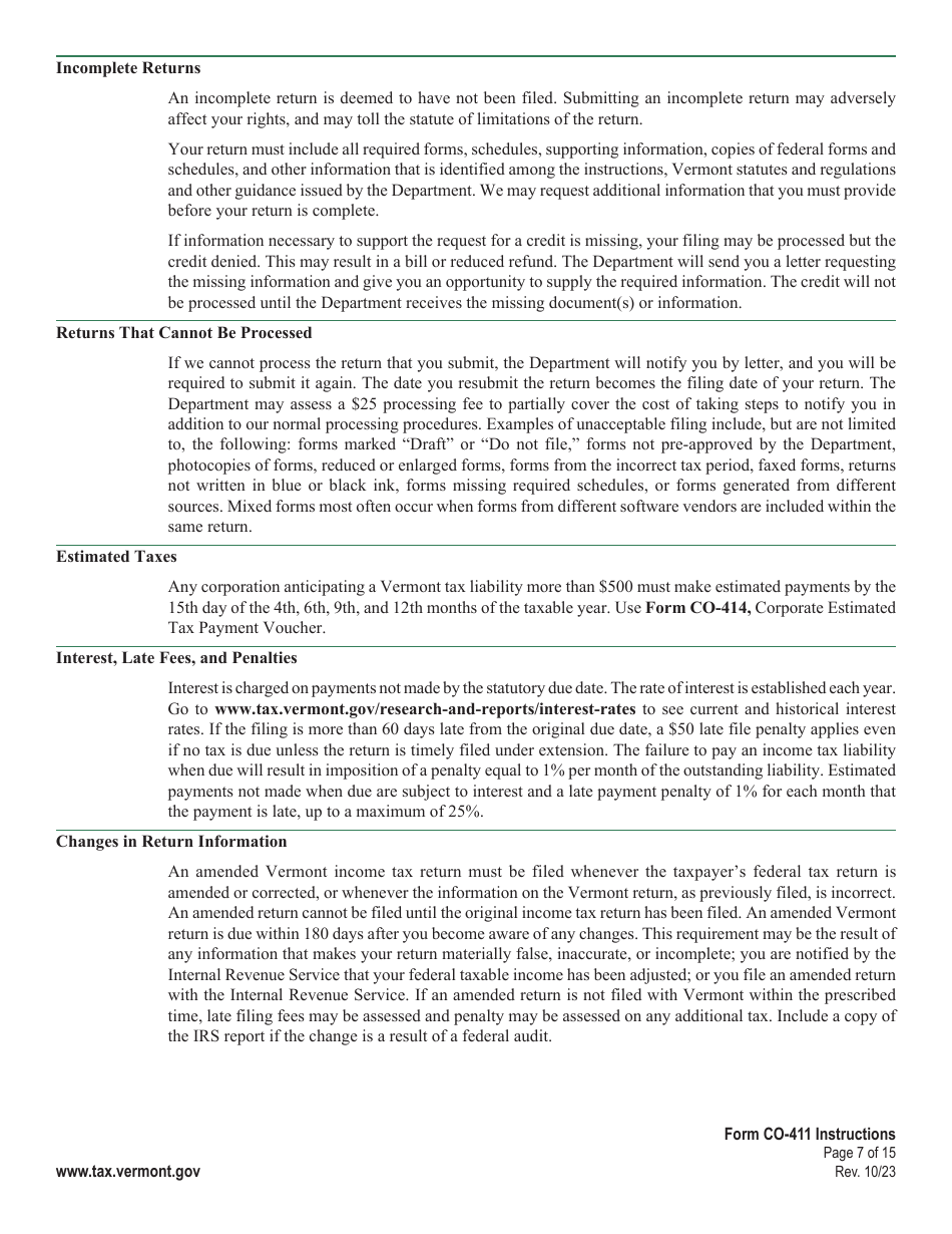 Instructions for Form CO-411 Vermont Corporate Income Tax Return - Vermont, Page 7