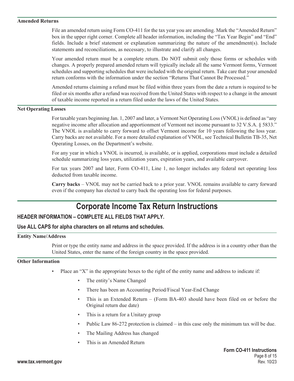 Instructions for Form CO-411 Vermont Corporate Income Tax Return - Vermont, Page 8