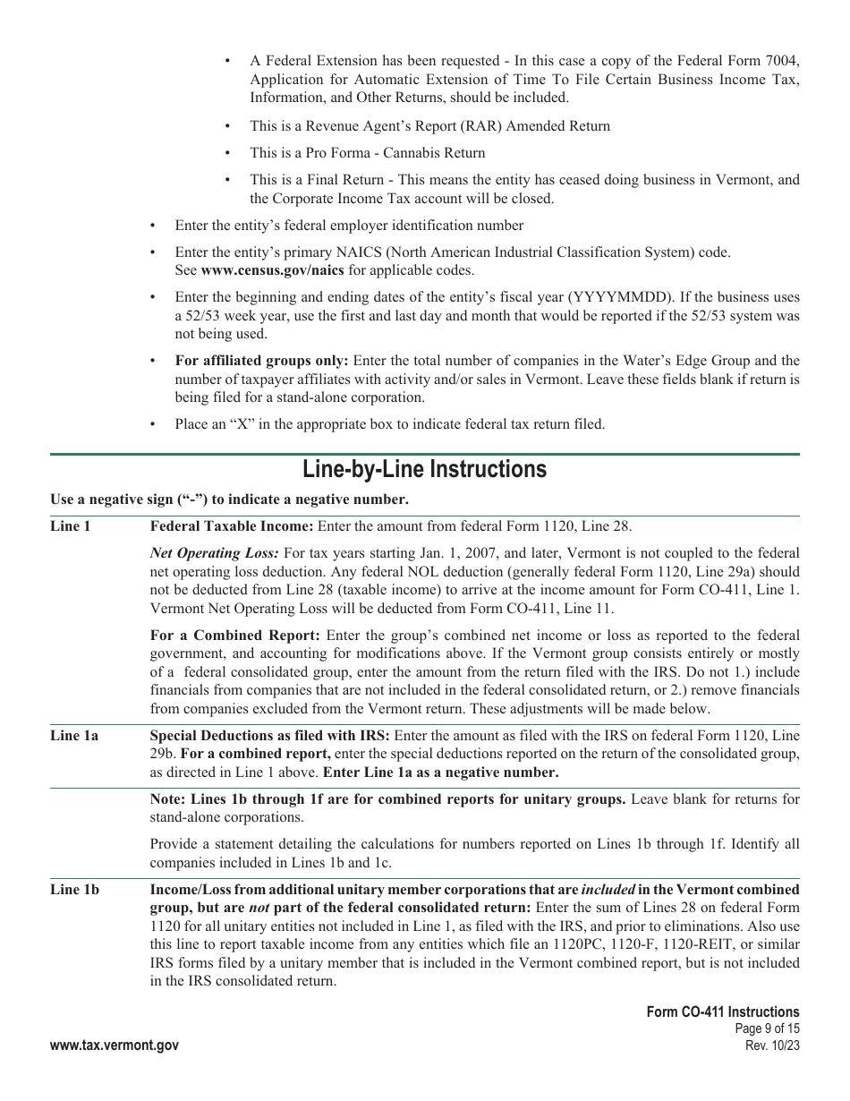 Instructions for Form CO-411 Vermont Corporate Income Tax Return - Vermont, Page 9