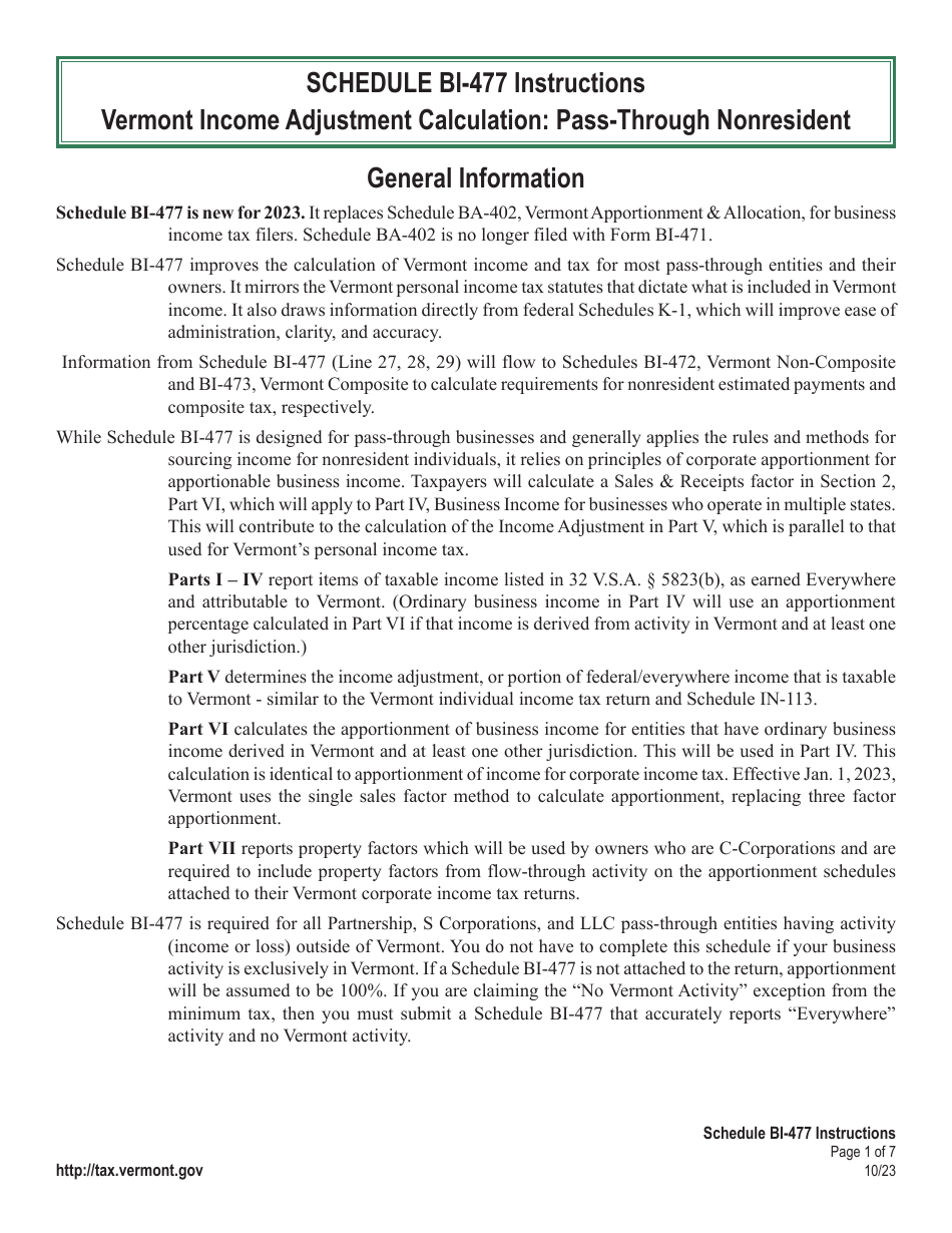 Instructions for Schedule BI-477 Vermont Income Adjustment Calculation: Pass-Through Nonresident - Vermont, Page 1