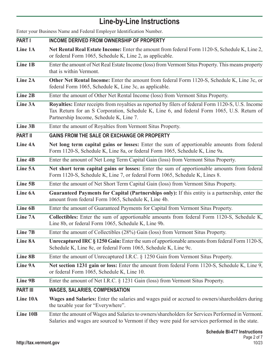 Instructions for Schedule BI-477 Vermont Income Adjustment Calculation: Pass-Through Nonresident - Vermont, Page 2