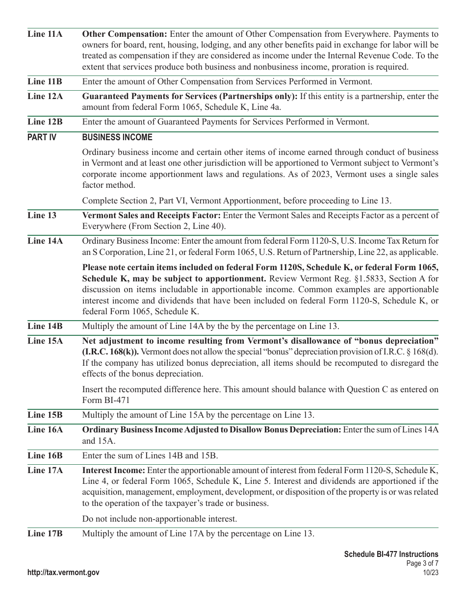 Instructions for Schedule BI-477 Vermont Income Adjustment Calculation: Pass-Through Nonresident - Vermont, Page 3