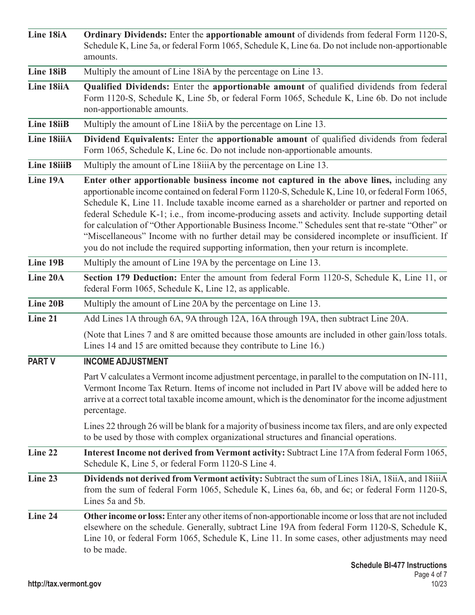 Instructions for Schedule BI-477 Vermont Income Adjustment Calculation: Pass-Through Nonresident - Vermont, Page 4