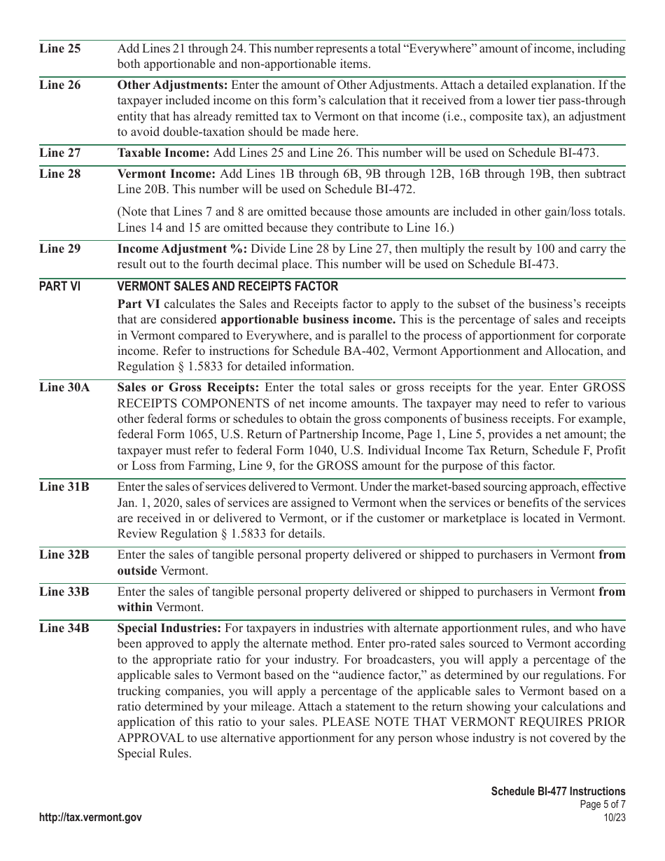 Instructions for Schedule BI-477 Vermont Income Adjustment Calculation: Pass-Through Nonresident - Vermont, Page 5