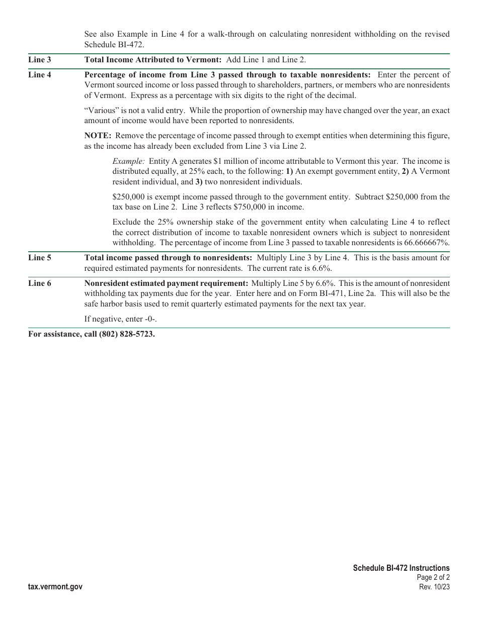 Instructions for Schedule BI-472 Non-composite Schedule - Vermont, Page 2